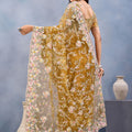 Mustard Yellow Floral Embroidered Net Saree with Designer Border