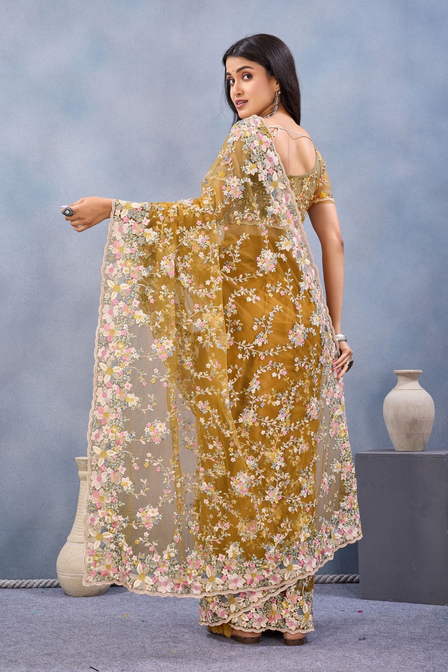 Mustard Yellow Floral Embroidered Net Saree with Designer Border