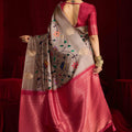 Grey Silk Saree with Multicolor Rich Pink Banarasi Pallu