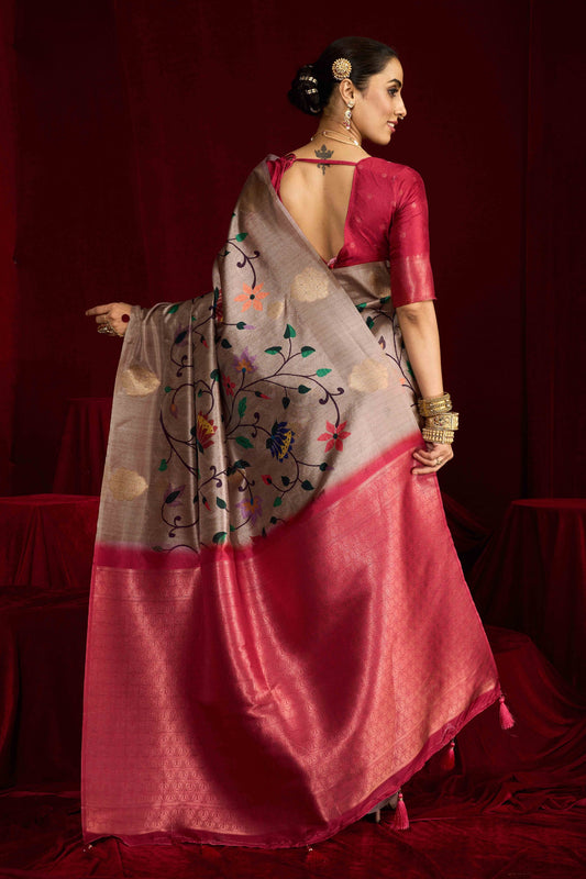 Grey Silk Saree with Multicolor Rich Pink Banarasi Pallu