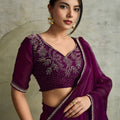 Wine Purple Chiffon Saree Minimal Zari Border Embroidered Blouse