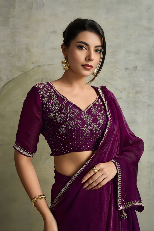 Wine Purple Chiffon Saree Minimal Zari Border Embroidered Blouse