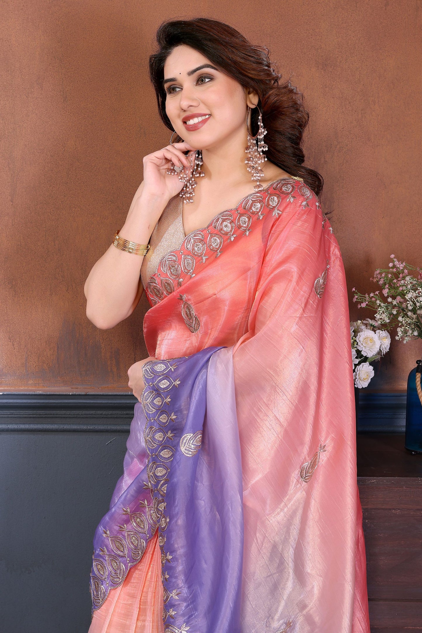 Pink Lavender Embroidered Organza Silk Saree Designer Border