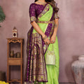 Lime Green Silk Blend Saree with Purple Zari Woven Border Rich Pallu
