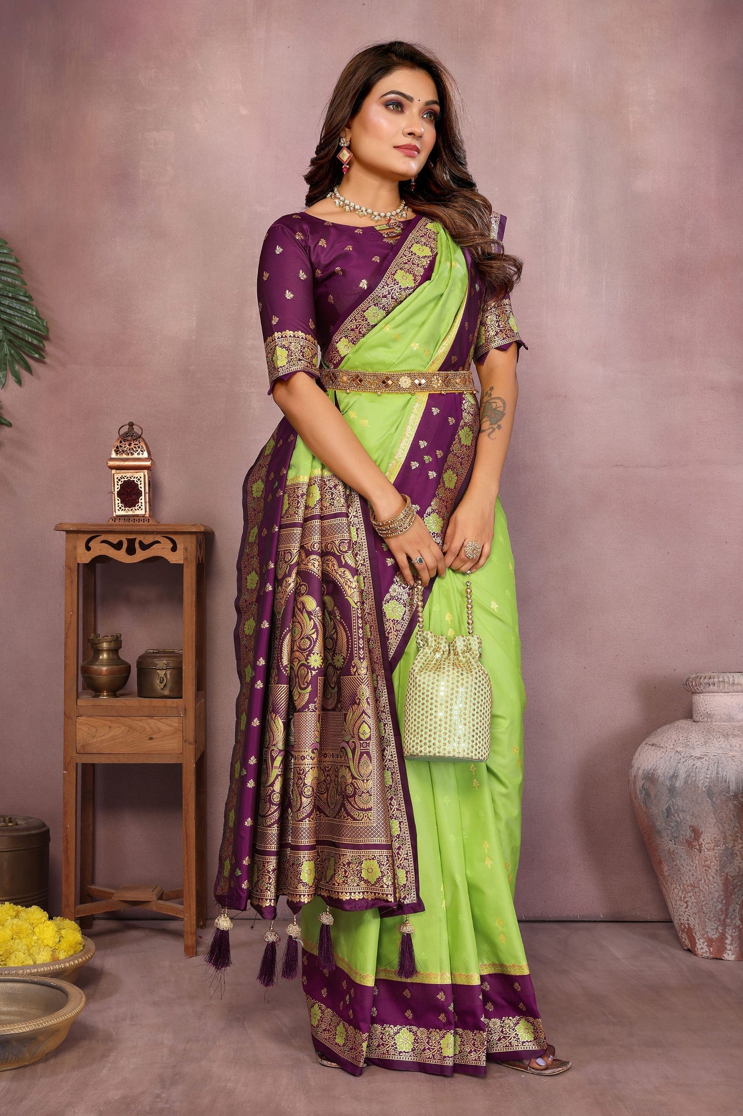 Lime Green Silk Blend Saree with Purple Zari Woven Border Rich Pallu