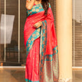 Coral Red Silk Saree Teal Green Contrast Border Floral Zari Work