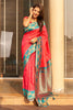 Coral Red Silk Saree Teal Green Contrast Border Floral Zari Work