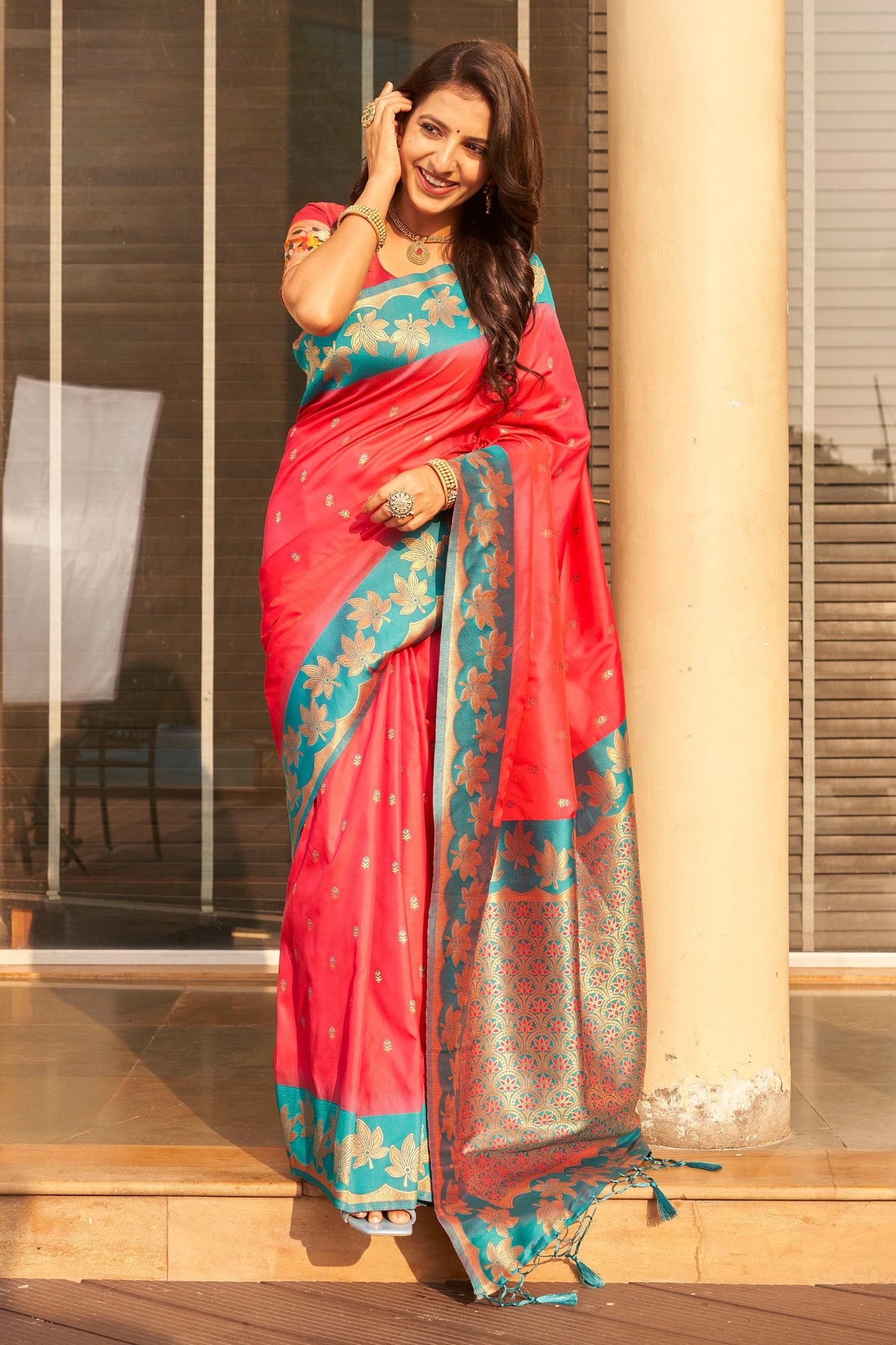 Coral Red Silk Saree Teal Green Contrast Border Floral Zari Work