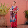 Pink And Blue Kanjivaram Silk Saree with Golden Zari Border Contrast Blouse