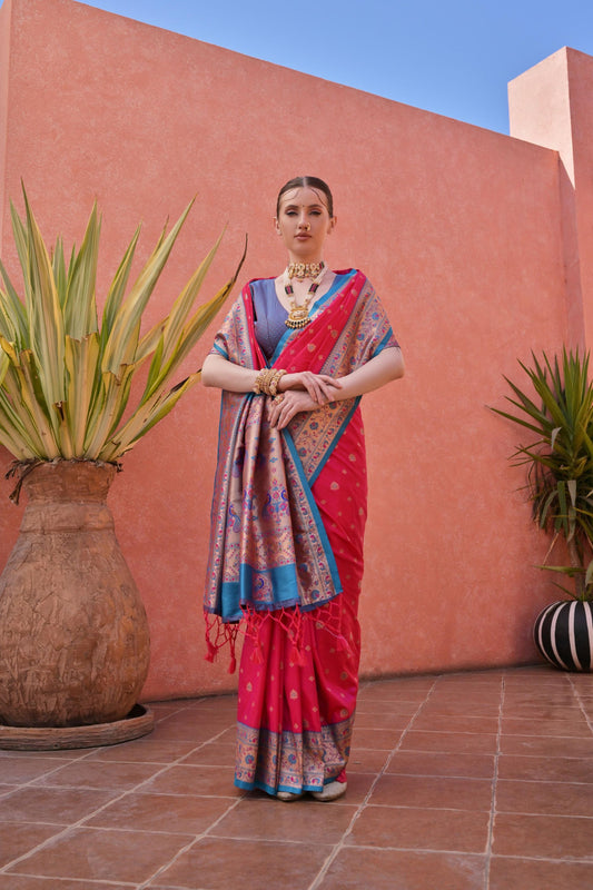 Pink And Blue Kanjivaram Silk Saree with Golden Zari Border Contrast Blouse