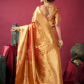 Peach Orange Banarasi Silk Saree Golden Zari Weaving Designer Blouse