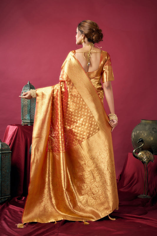 Peach Orange Banarasi Silk Saree Golden Zari Weaving Designer Blouse