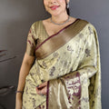 Beige Maroon Kanjivaram Silk Saree Traditional Zari Woven Designer Saree