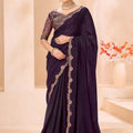 Deep Purple Designer Saree with Floral Embroidered Border Blouse