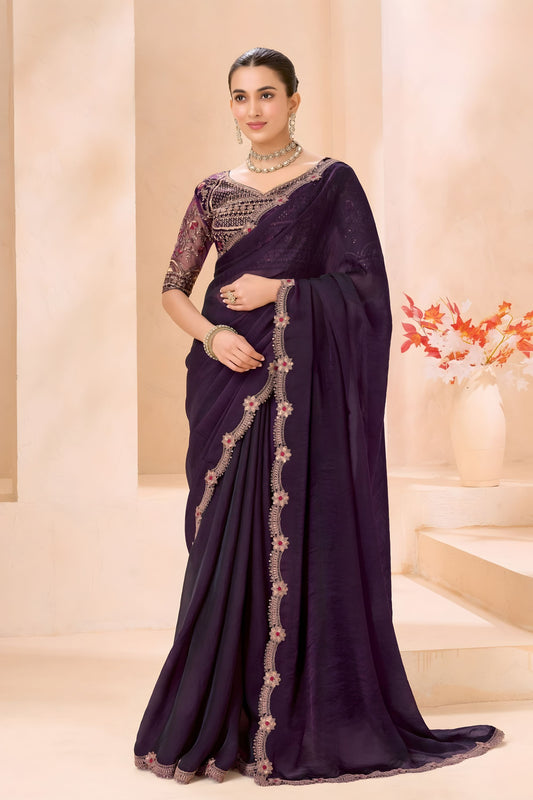 Deep Purple Designer Saree with Floral Embroidered Border Blouse
