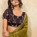 Olive Green Silk Saree with Silver Embroidery Designer Blouse