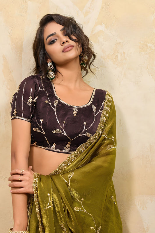 Olive Green Silk Saree with Silver Embroidery Designer Blouse