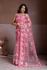 Pink Net Saree Floral Embroidery Matching Blouse Party Wear Saree