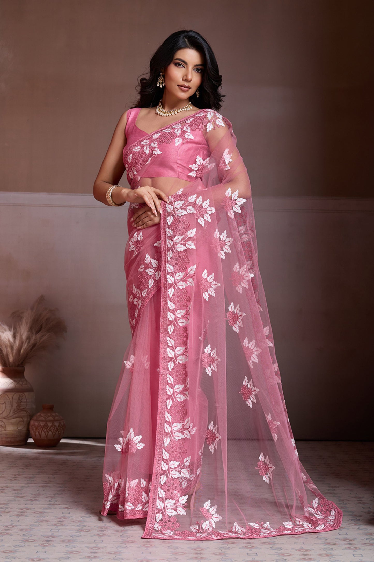 Pink Net Saree Floral Embroidery Matching Blouse Party Wear Saree