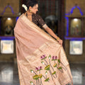 Peach Pink Linen Silk Saree Hand-Painted Lotus Pallu Zari Border