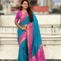 Teal Blue Saree with Pink Contrast Border Traditional Printed Design