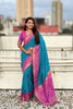 Teal Blue Saree with Pink Contrast Border Traditional Printed Design