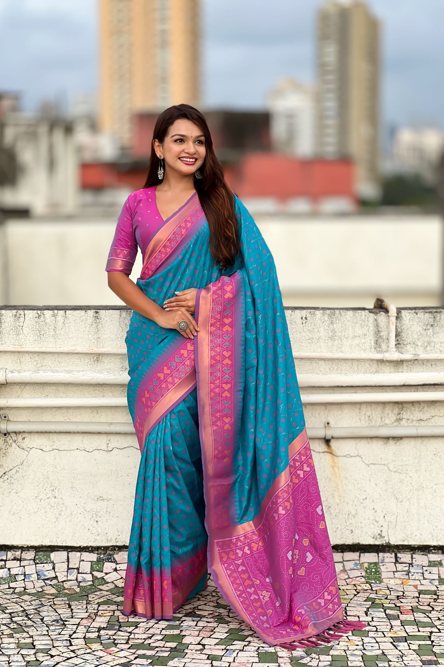 Teal Blue Saree with Pink Contrast Border Traditional Printed Design