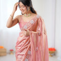 Premium Peach Organza Saree with Elegant White Floral Embroidery Party Wear