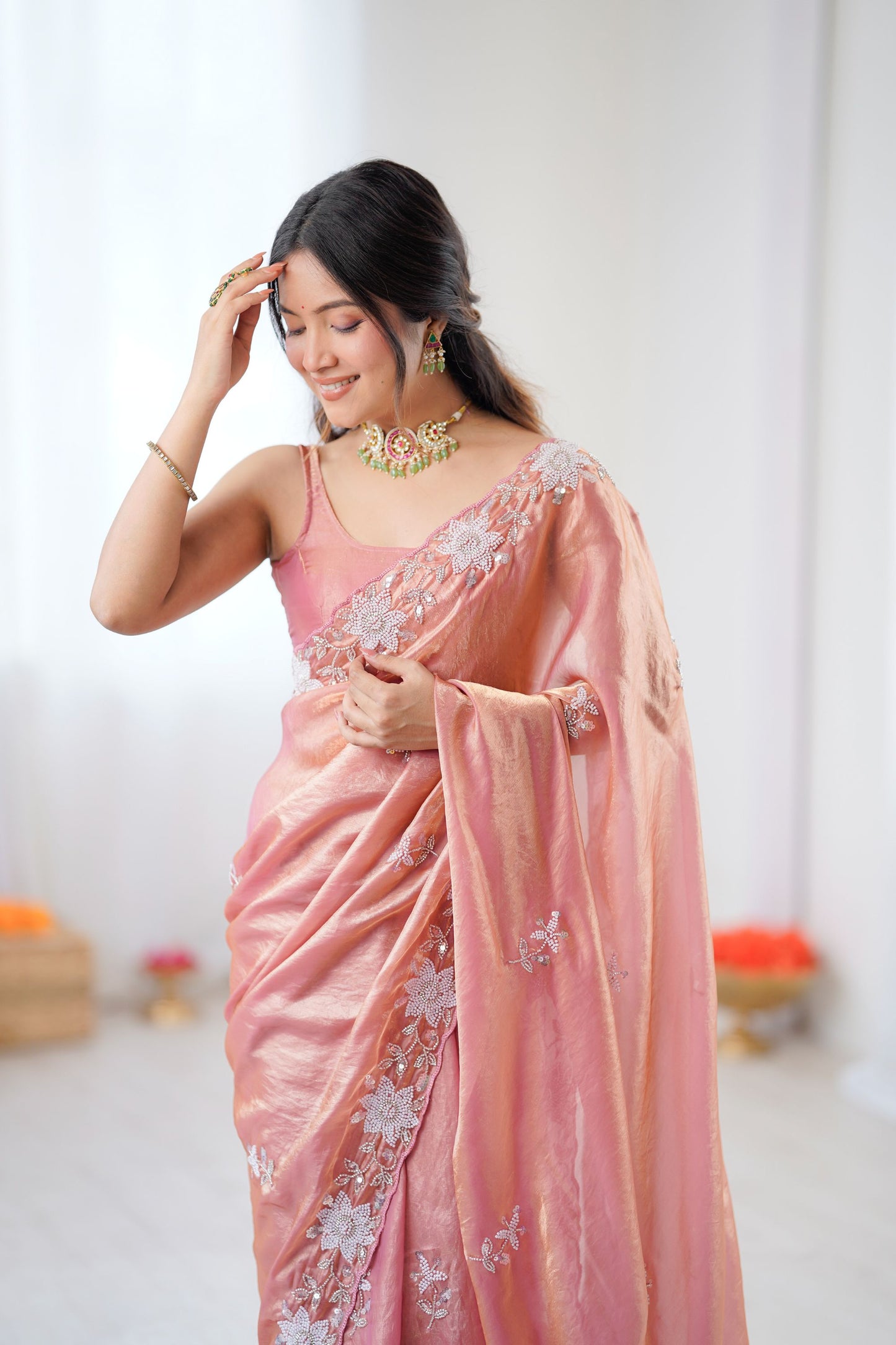 Premium Peach Organza Saree with Elegant White Floral Embroidery Party Wear