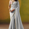 Grey Silk Saree with Embroidered Border Designer Floral Readymade Blouse