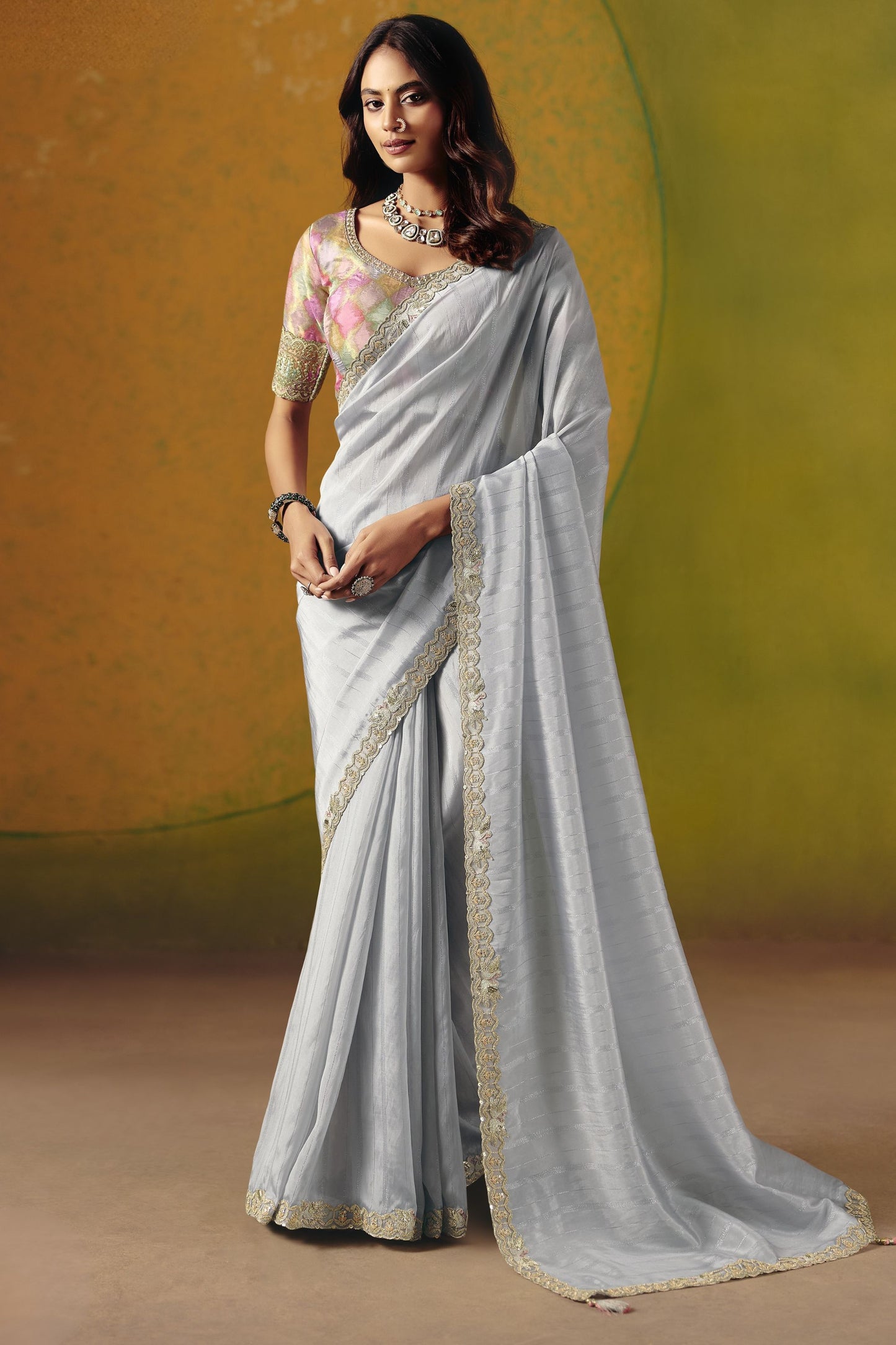 Grey Silk Saree with Embroidered Border Designer Floral Readymade Blouse