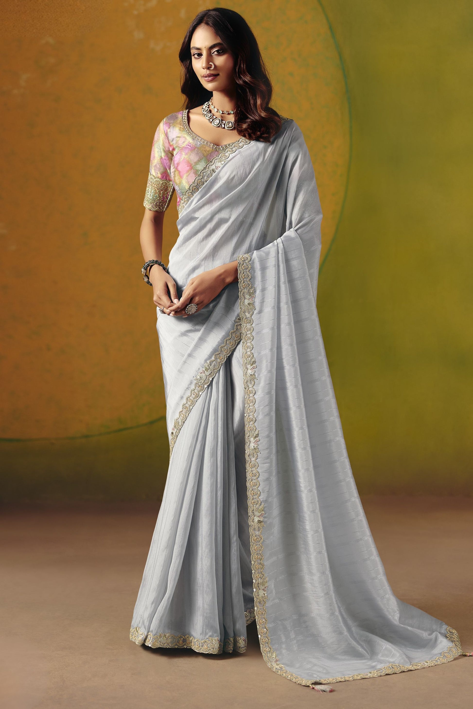 Grey Silk Saree with Embroidered Border Designer Floral Readymade Blouse