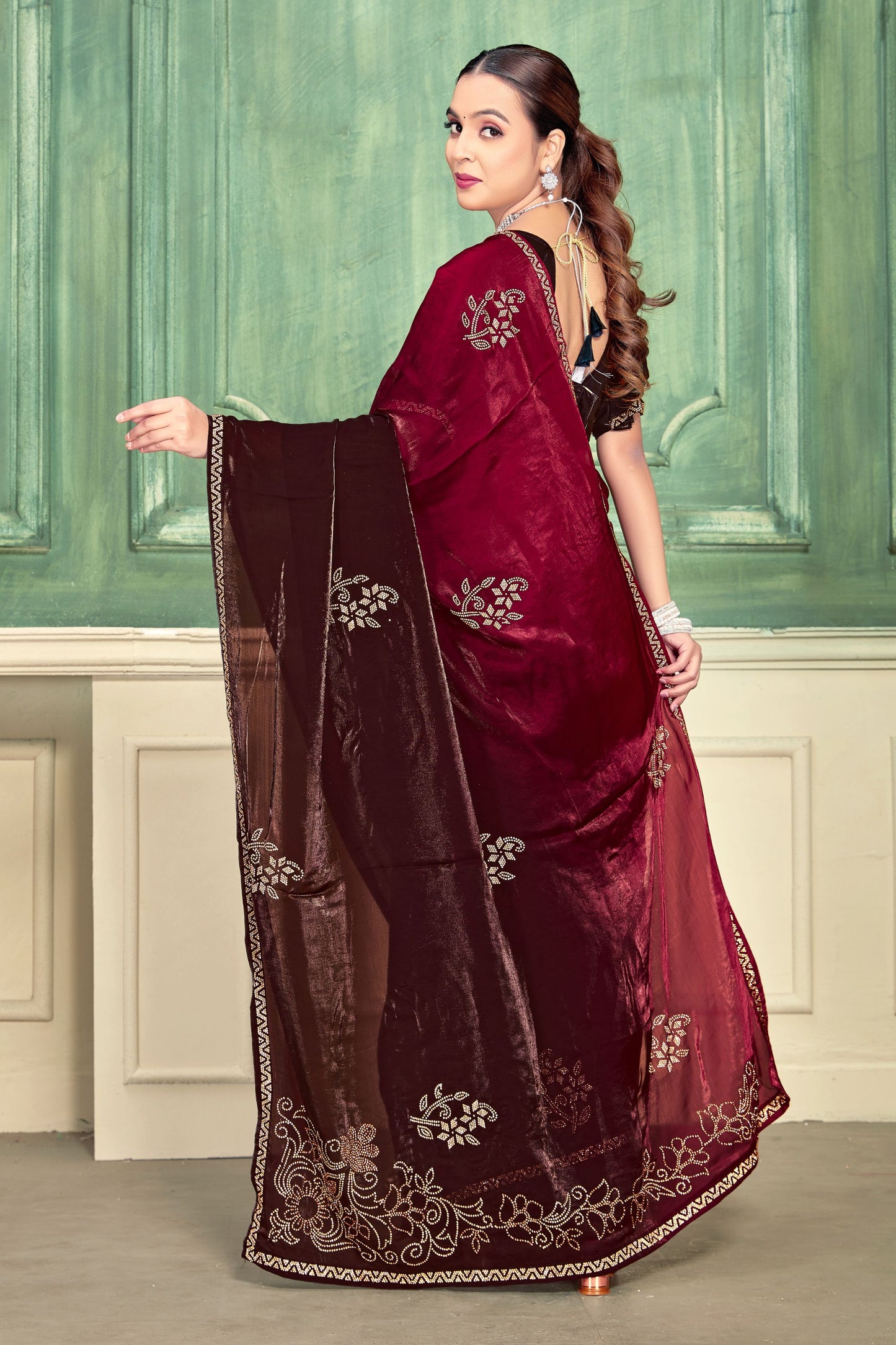 Maroon Velvet Saree with Embroidered Border Designer Blouse