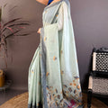 Elegant Mint Green Linen Cotton Saree Floral Print Pallu