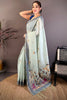 Elegant Mint Green Linen Cotton Saree Floral Print Pallu