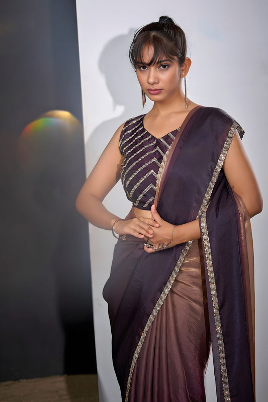 Plum Wine Copper Dual Tone Saree with Designer Border