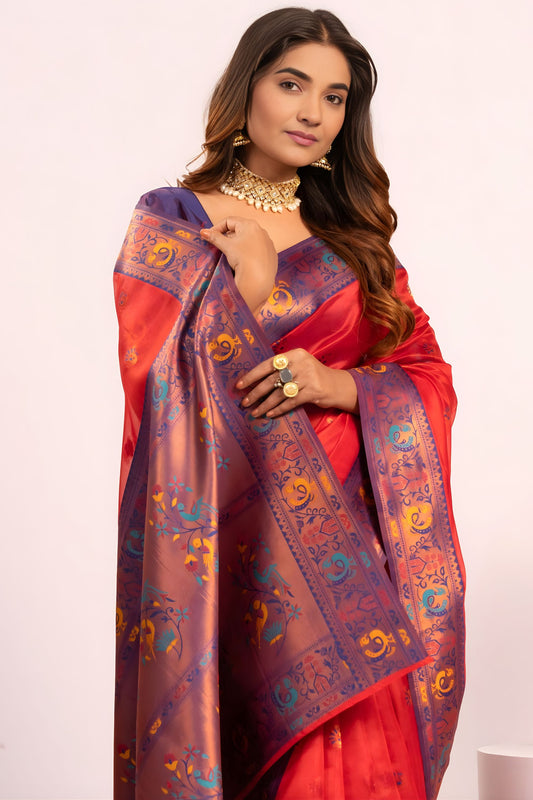 Red Paithani Silk Saree with Purple Zari Border and Traditional