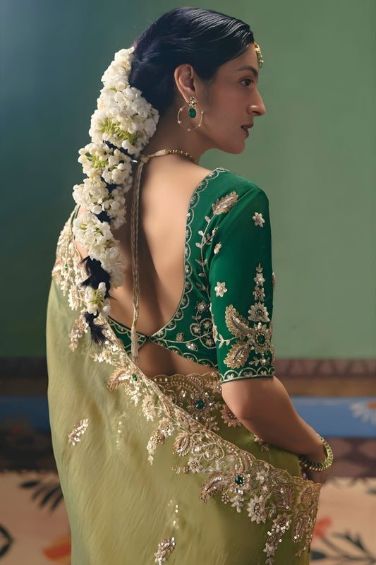Olive Green Organza Saree Heavy Zari Embroidery Border Designer Blouse