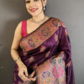 Wine Purple Kashmiri Printed Satin Silk Saree Designer Border
