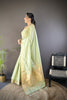 Mint Green Linen Silk Saree with Golden Zari Border Tassel Pallu