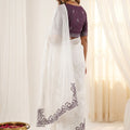 White Organza Saree with Purple Embroidered Border