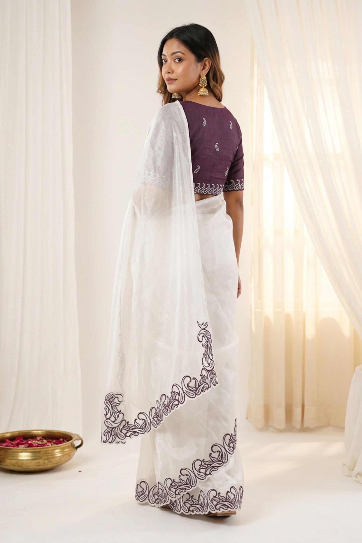 White Organza Saree with Purple Embroidered Border