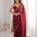 Luxury Wine Red Organza Saree Golden Embroidered Border