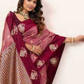Maroon Rose Pink Banarasi Silk Saree Gold Zari Motifs Grand Woven Pallu