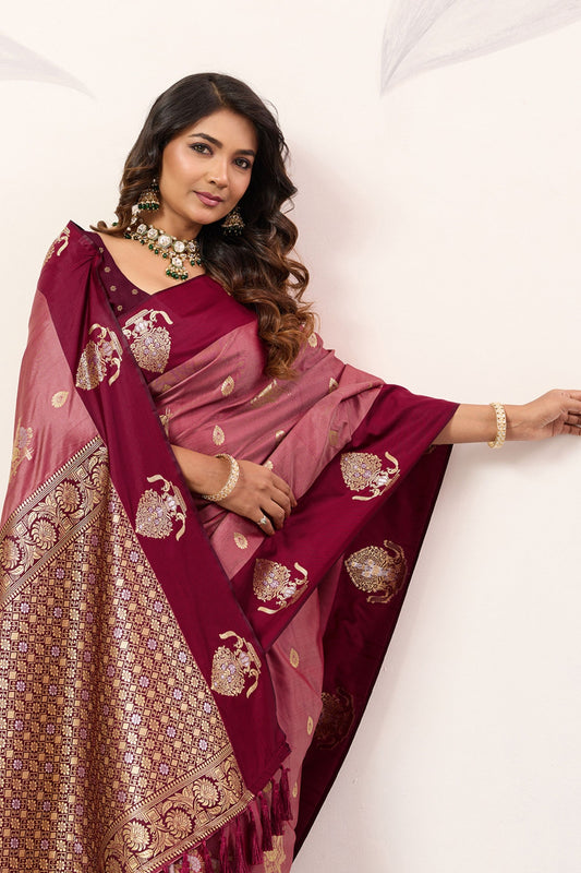 Maroon Rose Pink Banarasi Silk Saree Gold Zari Motifs Grand Woven Pallu