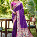  Purple Silk Saree Pink Border Multicolor Peacock Zari Weaving Work