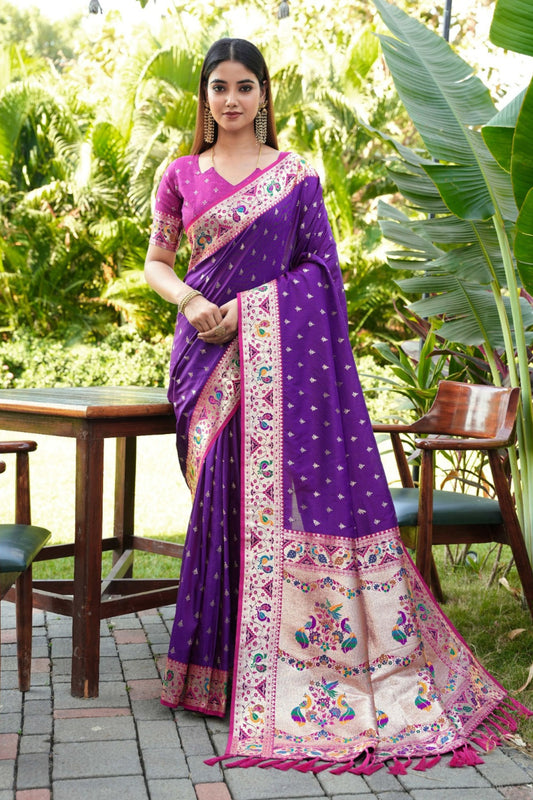  Purple Silk Saree Pink Border Multicolor Peacock Zari Weaving Work