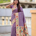 Lavender Purple Floral Woven Linen Silk Saree Designer Peacock Border