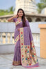 Lavender Purple Floral Woven Linen Silk Saree Designer Peacock Border