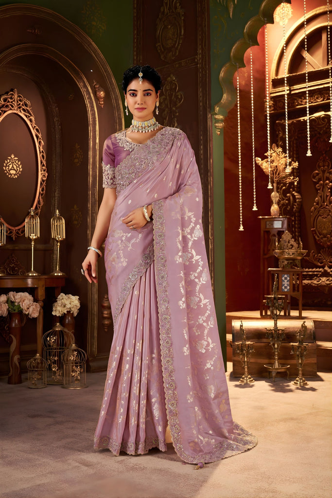 Lavender Embroidered Silk Blend Saree with Designer Blouse